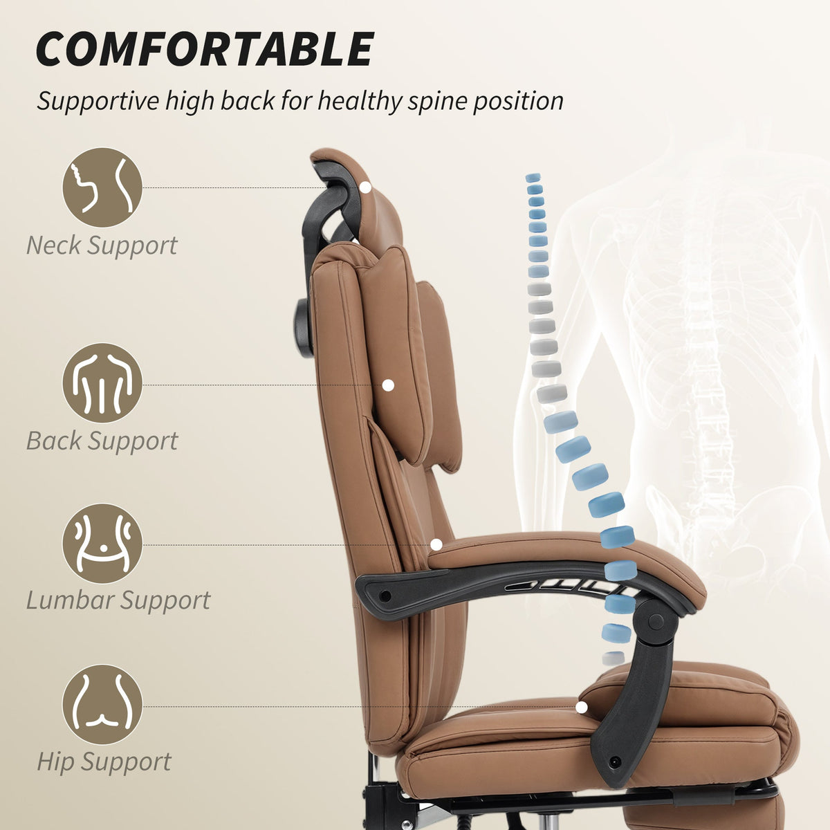 Reclining Office Chair, Executive Desk Chair with Pet-Friendly Fabric, Headrest, Footrest, Swivel Wheels, Black