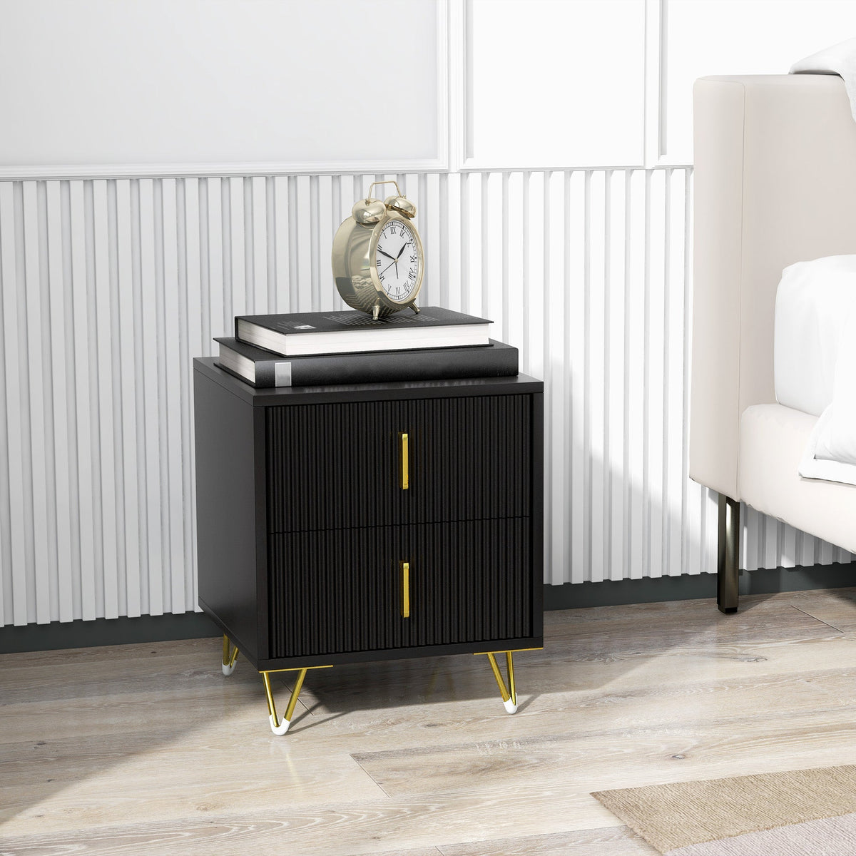 Bedside Table, Modern Nightstand with 2 Drawers, Side End Table with Metal Legs for Living Room, Bedroom, White