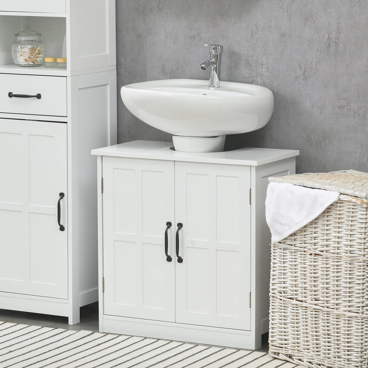 Pedestal Under Sink Cabinet, Bathroom Vanity Cabinet Storage with Double Doors and Adjustable Shelf, White