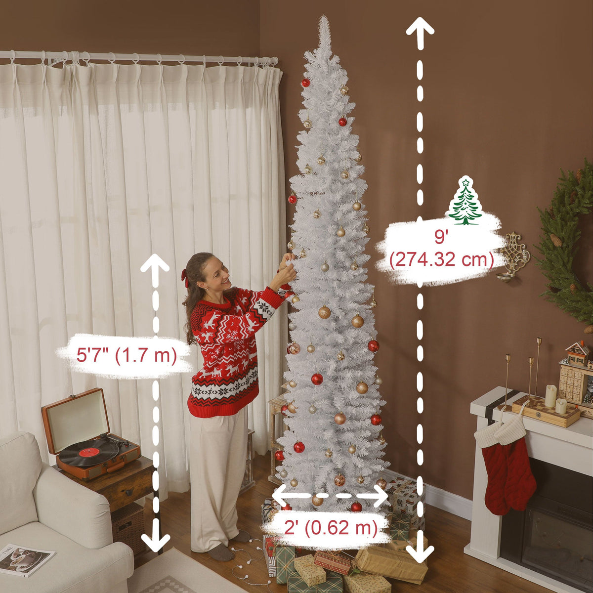 9ft Christmas Tree with Colourful DIY Synchronized LEDs, Hinged Pencil Xmas Tree with Remote, Daily Timer, Green