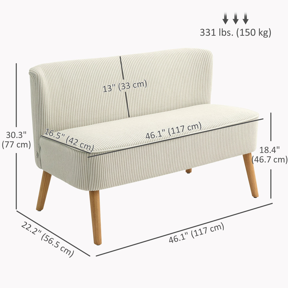 Modern 2 Seater Sofa, Upholstered Two Seater Couch with Rubber Wood Legs, Cream White