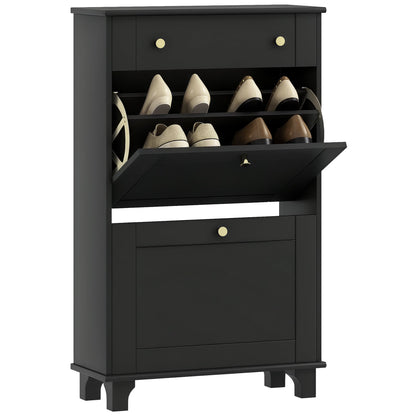Slim Shoe Storage with 2 Flip Drawers and Adjustable Shelves Shoe Cabinet Organizer for 8 Pair, Black