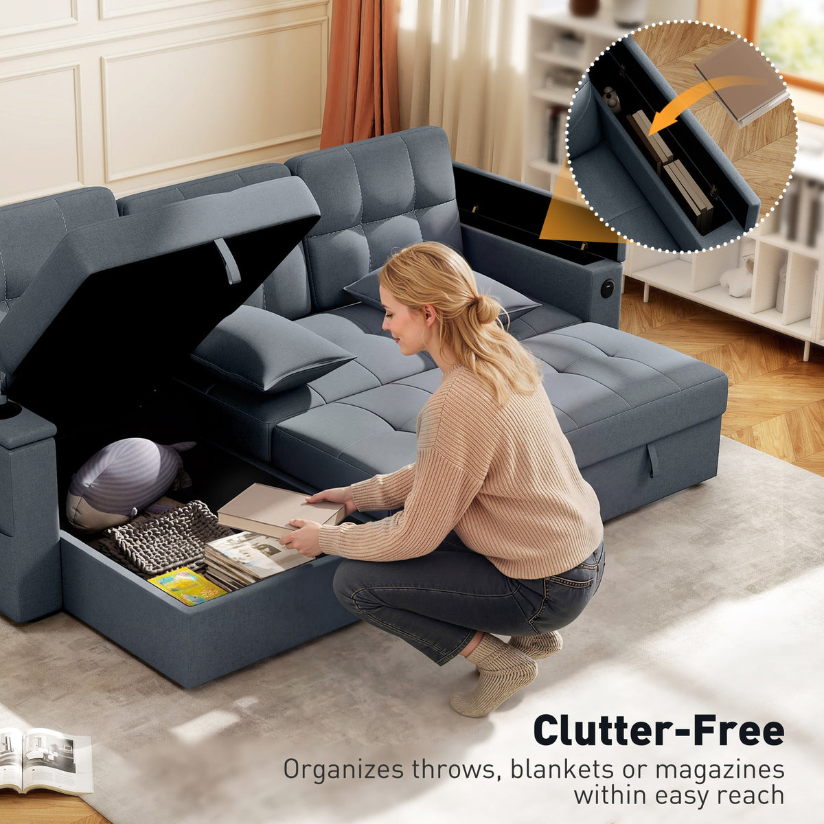 Convertible Sectional Sofa Bed, Pull Out Sleeper Sofa Couch with USB‑A+C, Chaise Storage, L-Shaped Futon Couch, Beige