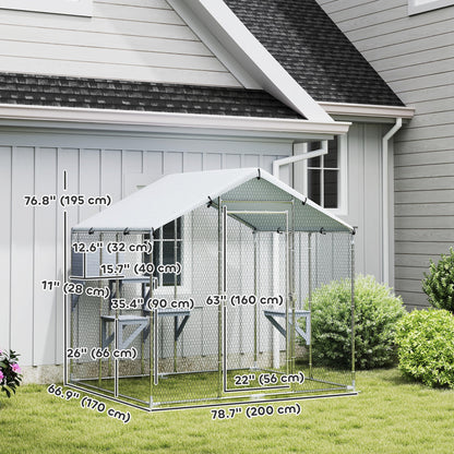 79" Extra Large Metal Outdoor Catio with Waterproof Cover, Resting Box, 4 Platforms, for Multiple Rabbits, Chicken