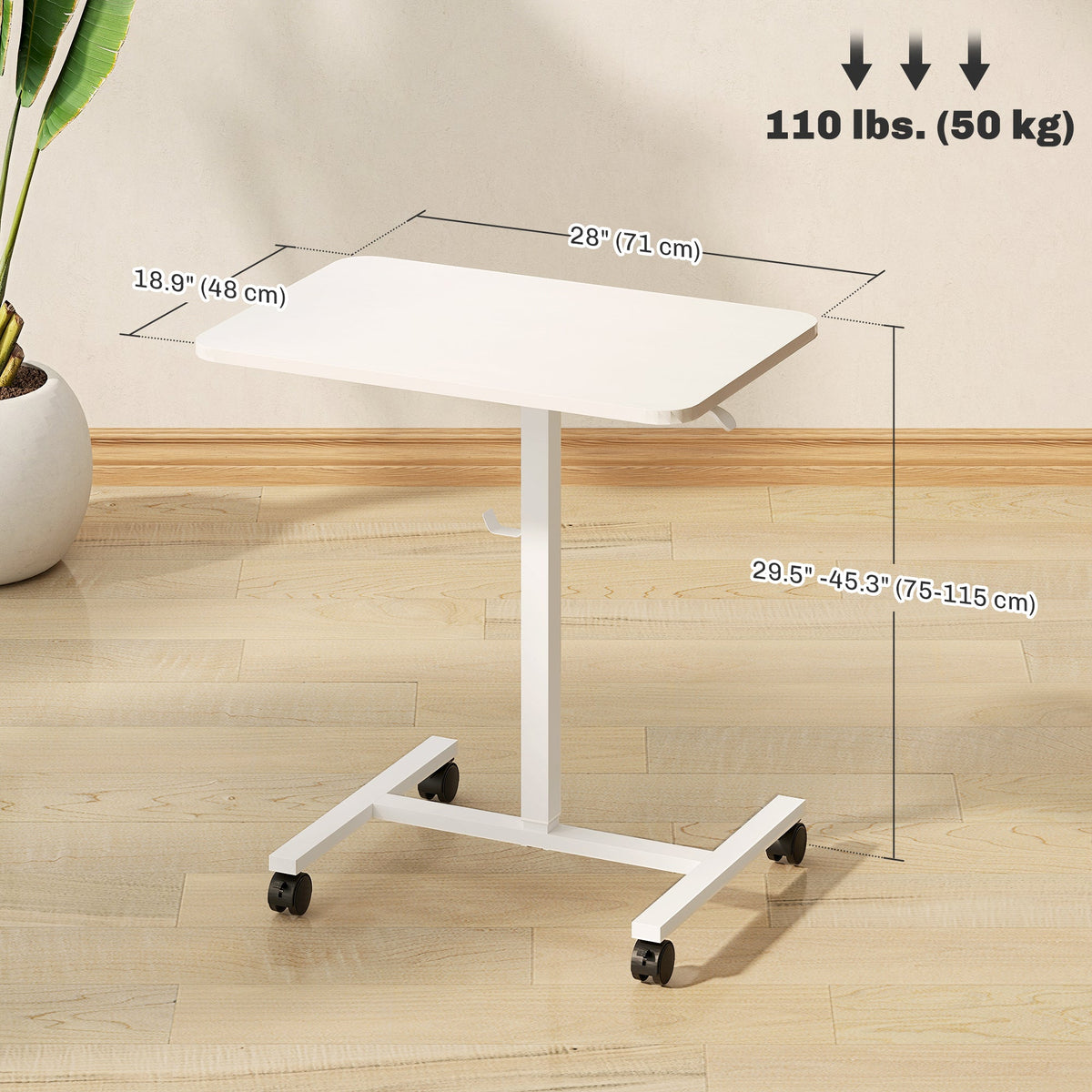Height Adjustable Standing Desk, Pneumatic Sit Stand Desk with Wheels and Headphone Hook, Grey Wood Grain