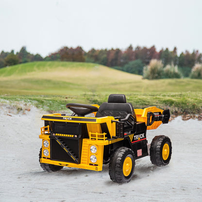 12V Kids Ride On Dump Truck Construction Vehicle w/ Electric Dump Bed, Shovel, Spring Suspension Wheels