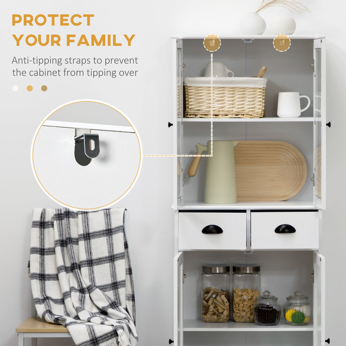 61" Kitchen Pantry Cabinet, Freestanding Farmhouse Buffet Storage Cabinet with Soft Close Glass Doors and Adjustable Shelves, Black