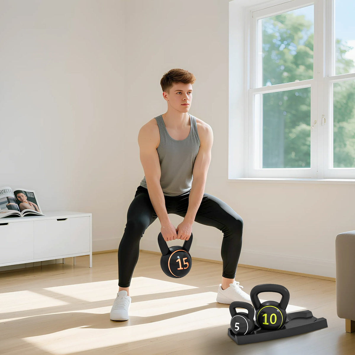 Three-Piece Kettlebell Set Weights with Storage Stand for Home Gym Weight Lifting Training, 5lbs, 10lbs, 15lbs (2.2kg, 4.5kg, 6.8kg)