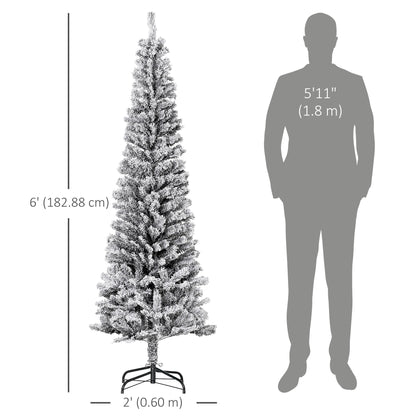 6ft Flocked Christmas Tree, Pencil Christmas Tree with Realistic Branch Tips, Folding Metal Stand, Green