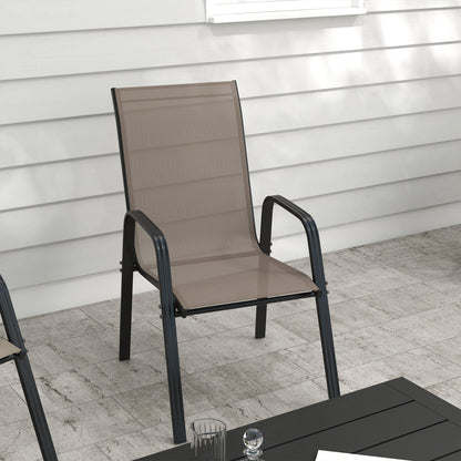 Set of 4 Outdoor Dining Chairs, Heavy Duty Stackable Patio Dining Set with Armrests for Balcony Garden, Brown and Black