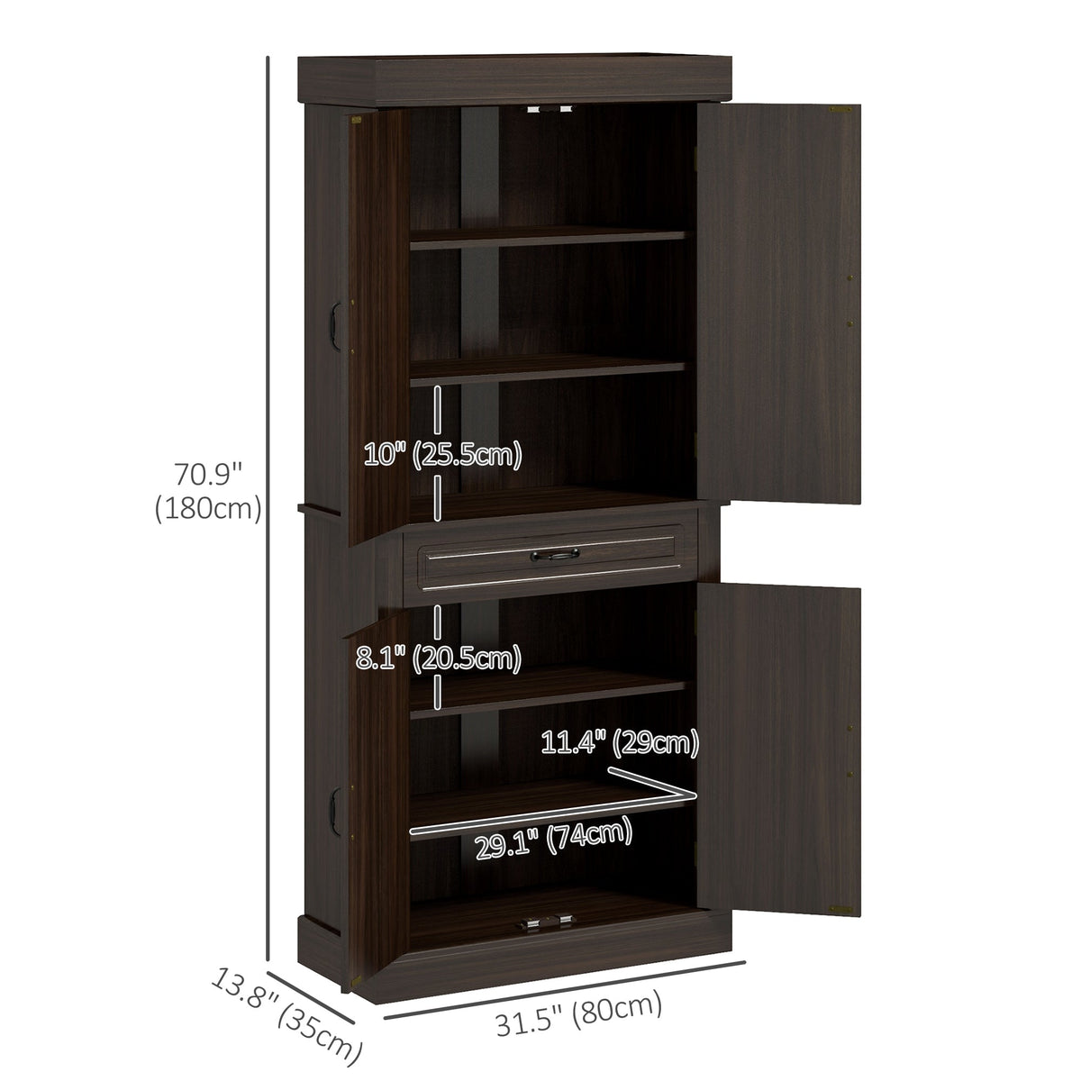 71" Freestanding Kitchen Pantry with 4 Doors and 2 Cabinets, Tall Storage Cabinet for Kitchen, Distressed Black