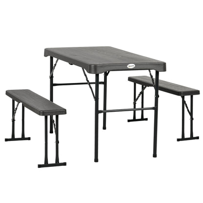 Folding Picnic Table with 2 Benches, 3-Piece Portable Outdoor Picnic Table Bench Set for 4, Patio Dining Table Set with Plastic Top, Steel Frame for Garden, Dark Grey