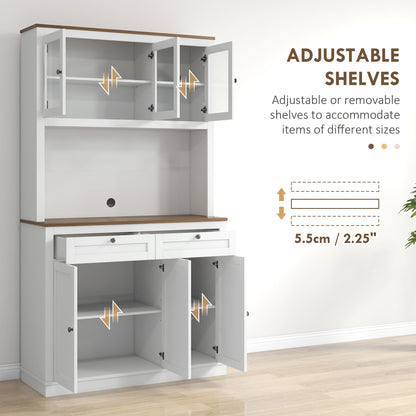 71" Pantry Cabinet with Microwave Space, Buffet with Hutch, 2 Drawers, Adjustable Shelves and Glass Doors, Blue