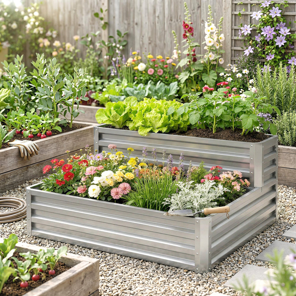 2 Tier Raised Garden Bed, 47" x 40" x 23" Galvanized Steel Planter Box for Vegetables, Flowers, and Herbs, Dark Grey