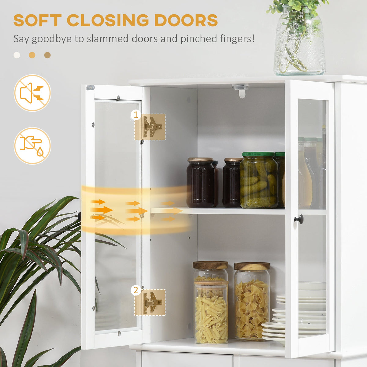 61" Kitchen Pantry Cabinet, Freestanding Farmhouse Buffet Storage Cabinet with Soft Close Glass Doors and Adjustable Shelves, Black