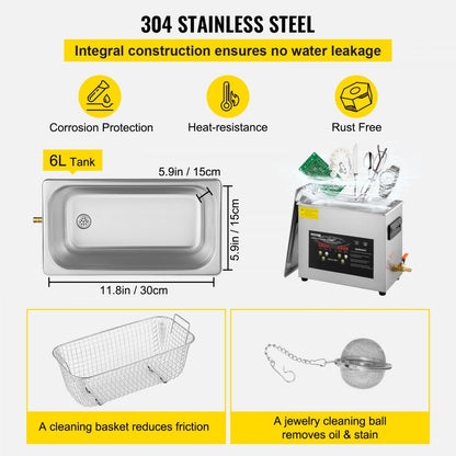 VEVOR 6L Upgraded Ultrasonic Cleaner Professional Digital Lab Ultrasonic Parts Cleaner with Heater Timer for Jewelry Glasses Cleaning (400W Heater,180W Ultrasonic)