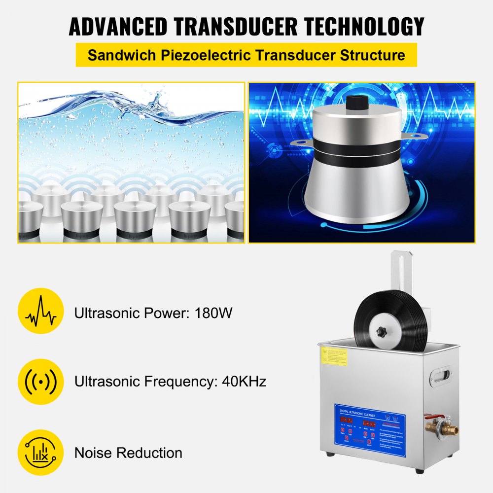 VEVOR Ultrasonic Vinyl Record Cleaner 6L 40kHz Vinyl Ultrasonic Cleaning Machine 304 Stainless Steel Record Ultrasonic Cleaner 6 Records w/ Drying Rack Vinyl Sonic Cleaner w/ Adjustable Heater & Timer