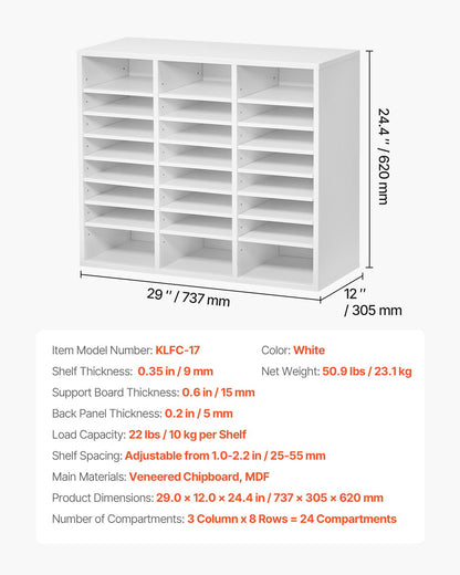 VEVOR Wooden Literature Organizer 24 Compartments with Adjustable Shelves White
