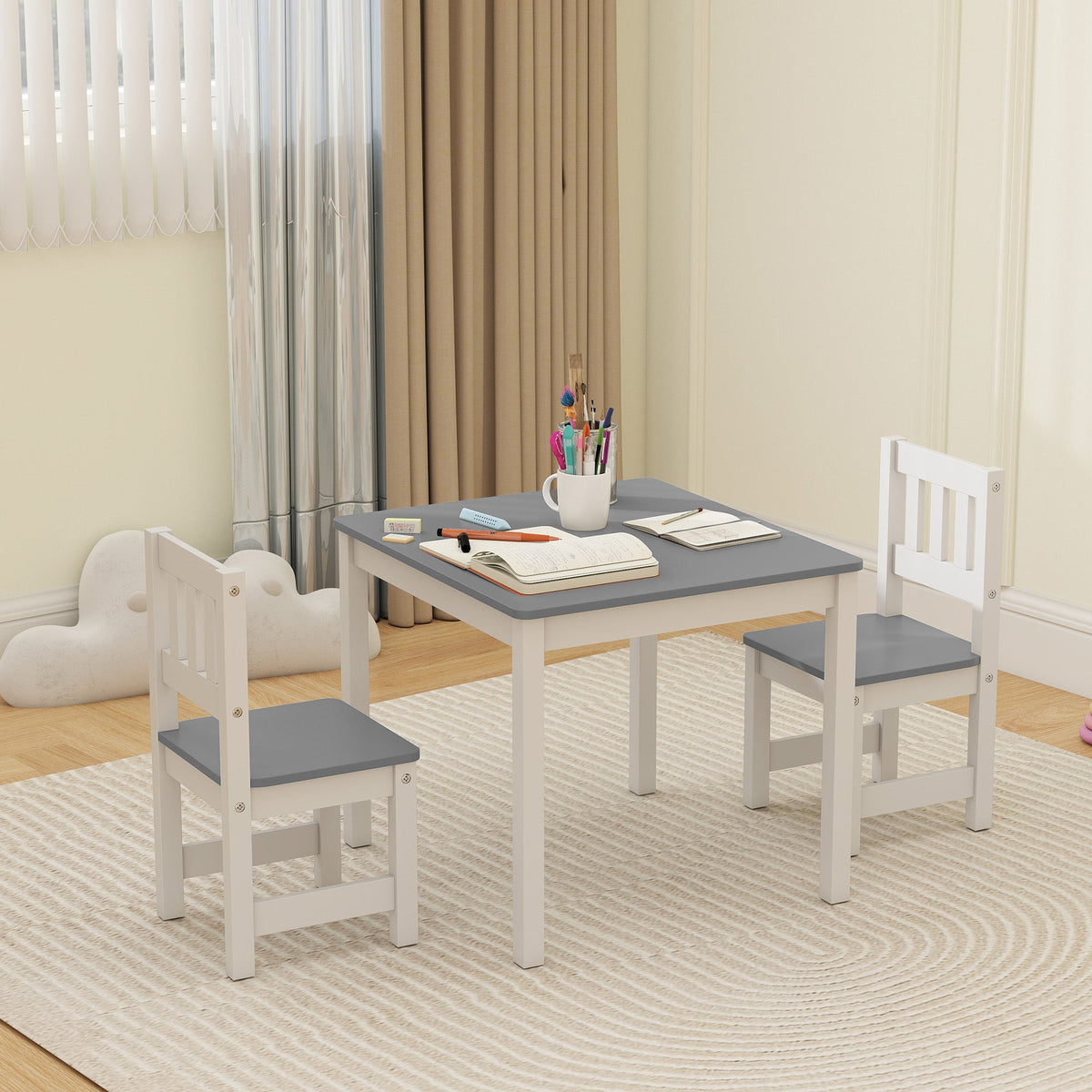 Kids Table and Chairs Set, Toddler Table and 2 Chair Set for Activity, Art, Craft, Reading, Learning, Grey