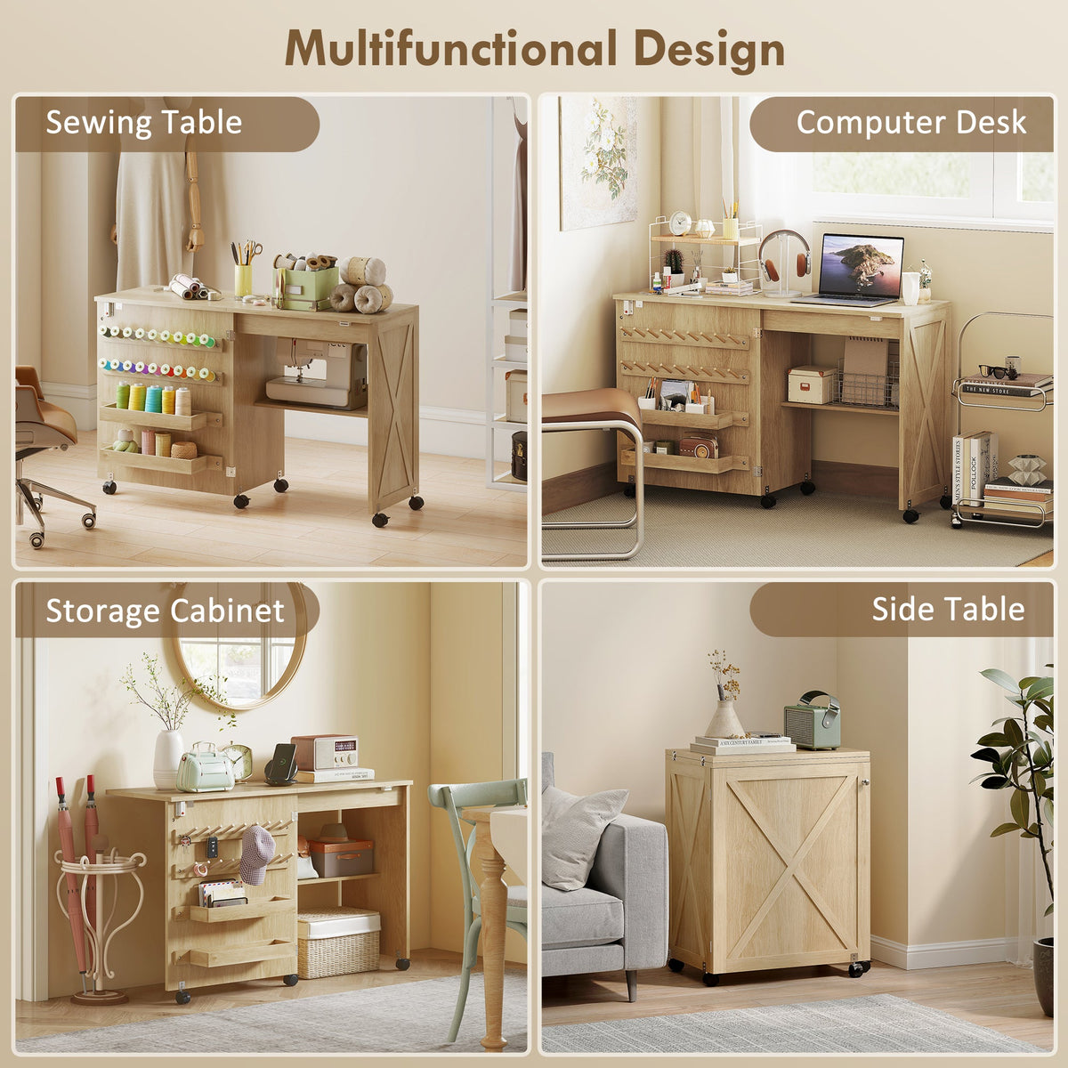 Sewing Machine Table on Wheels, Folding Craft Table with 2 Bins, Storage Shelf, 18 Pegs, Lockable Wheels, Brown
