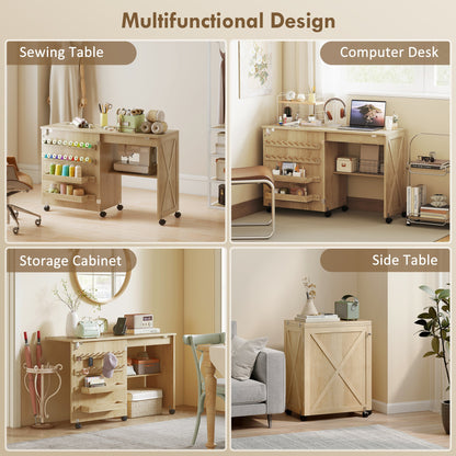 Sewing Machine Table on Wheels, Folding Craft Table with 2 Bins, Storage Shelf, 18 Pegs, Lockable Wheels, Brown
