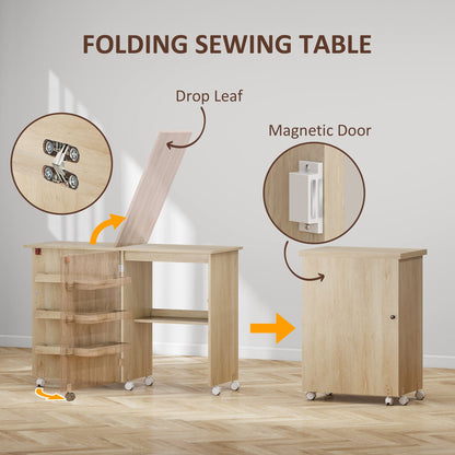Sewing Machine Cabinet, Folding Sewing Table with Storage Shelf, Bins and Lockable Wheels for Small Space, Brown
