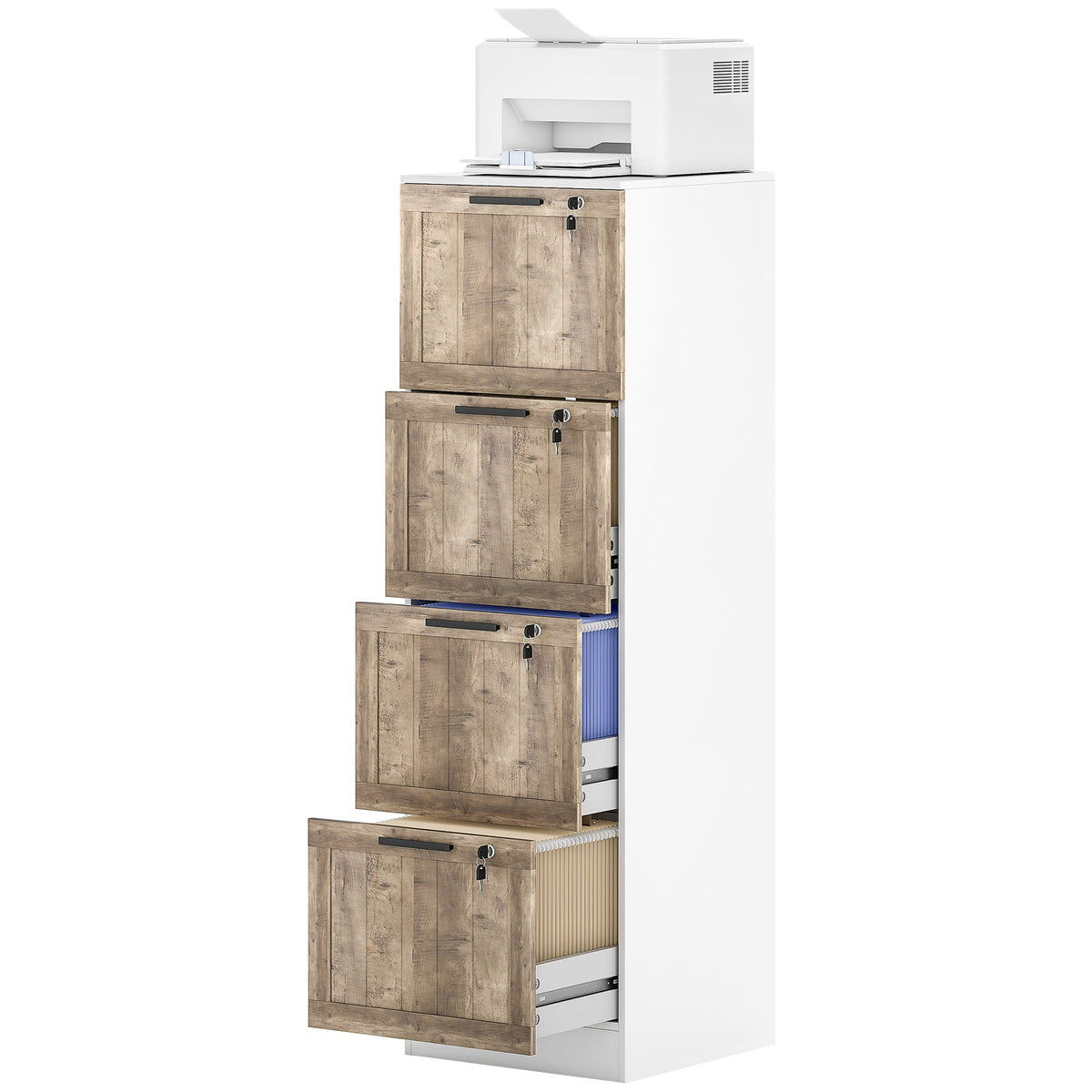 3 Drawer Filing Cabinet, Farmhouse File Cabinet with Lock, Adjustable Hanging Rails for A4 Letter Size Files, White