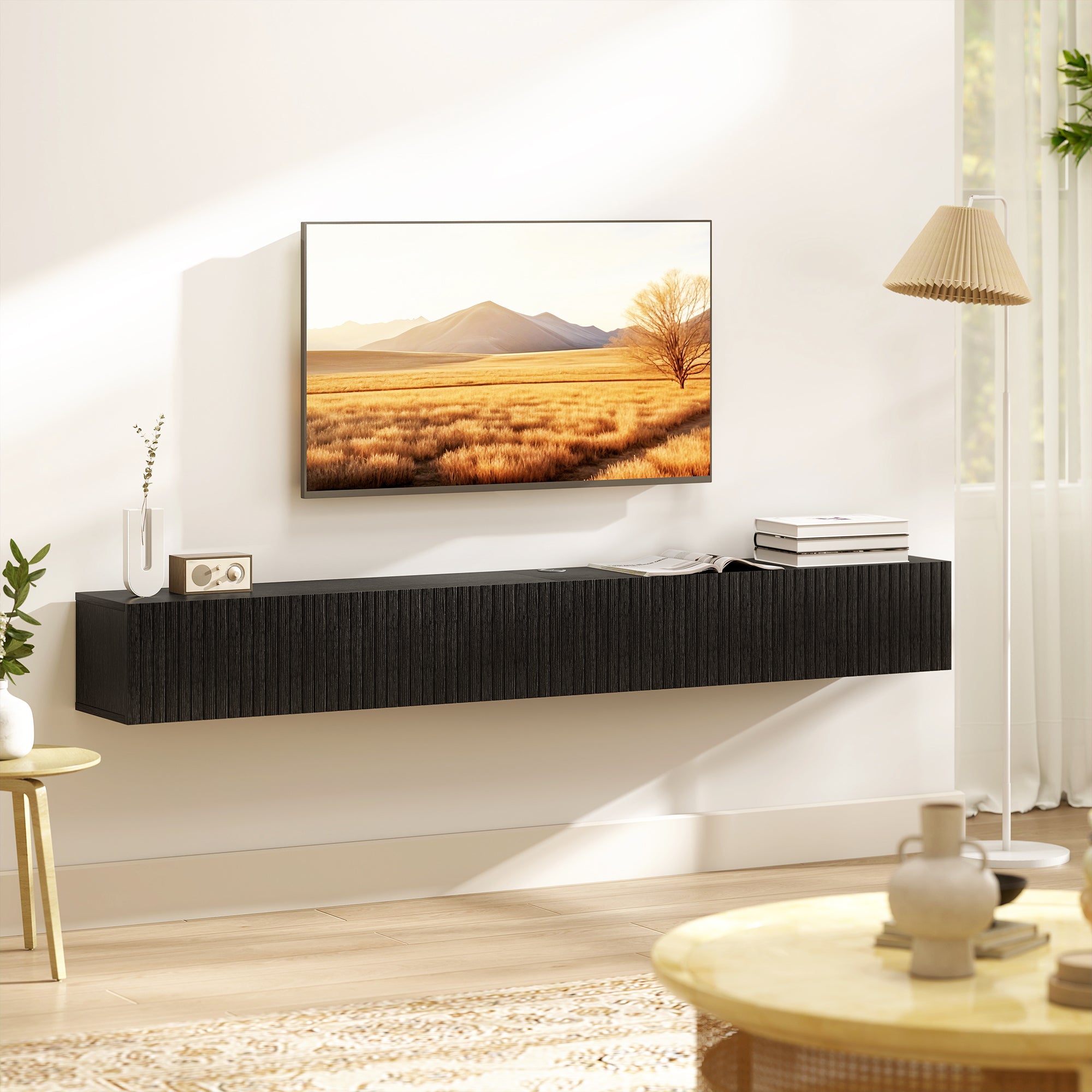 Jesse 71" Floating TV Stand with 2 Fluted Flip-Down Doors for TVs up to 75"-Black