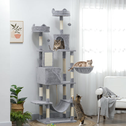 81" Large Cat Tree w/ Scratching Posts, Condos, Beds, Hammocks, Jumping Platforms, Toy Balls, Rope Cat Toy, Beige