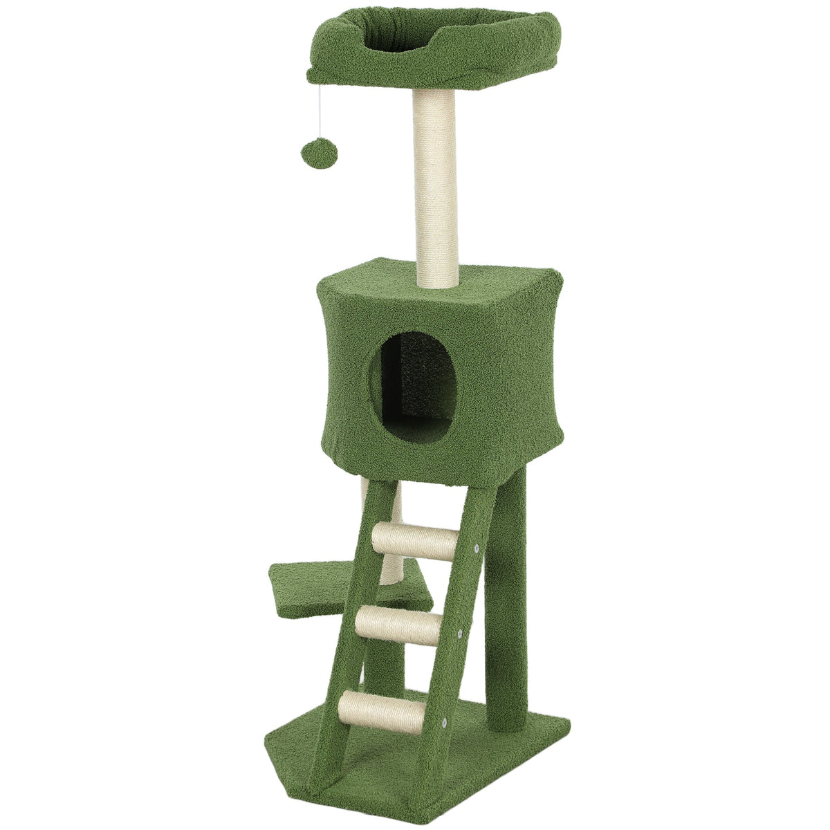 47" Tall Cat Tree Tower with Condo, Ladder, Scratching Posts and Hanging Ball, Light Grey