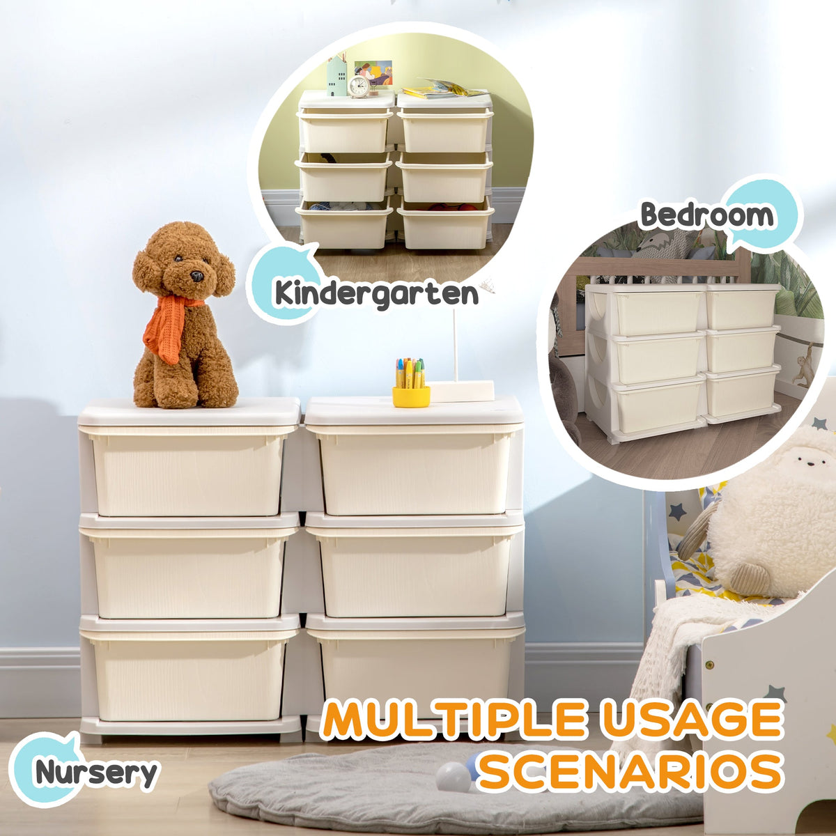 3 Tier Kids Toy Organizer and Storage Bins with 6 Plastic Drawers, Blue