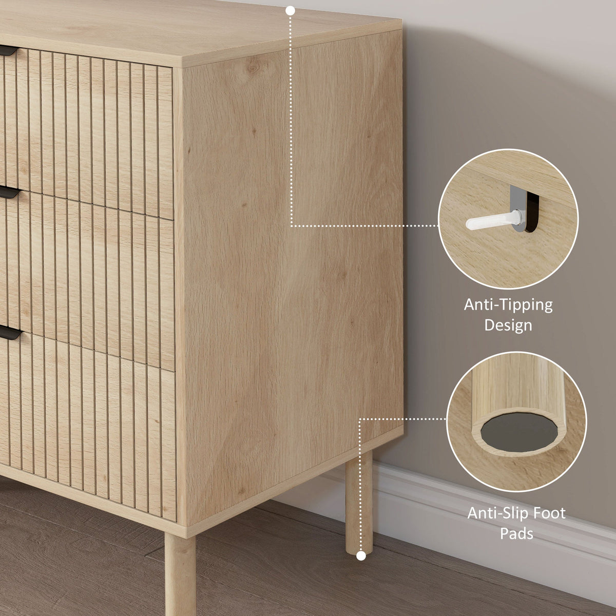 Jesse Chest of Drawers with Fluted Panels and Solid Wood Legs-Oak