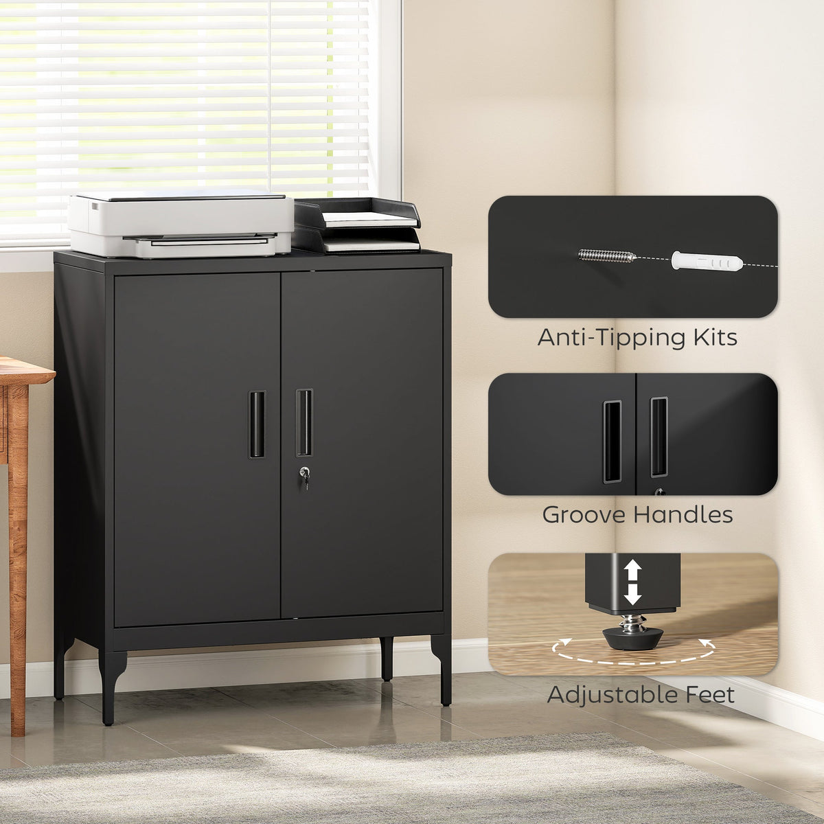 Office Storage Cabinet with Lock, Filing Cabinet with Adjustable Shelves and Doors for Home Office, Garage, Black