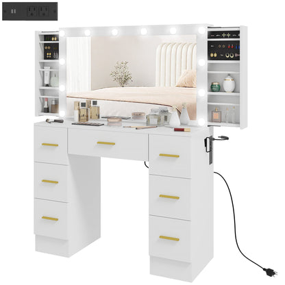 Makeup Vanity Desk with Mirror and Lights, Dressing Table with 7 Drawers, 6 Hidden Sliding Storage Compartments, White