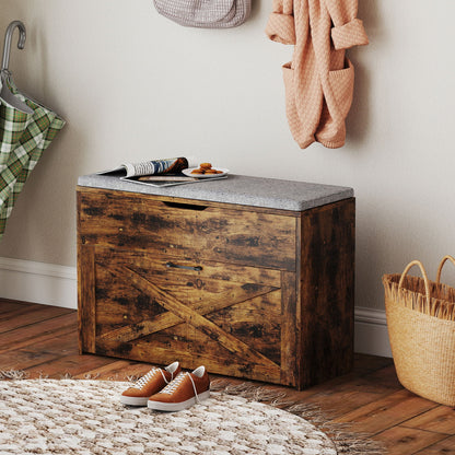 Shoe Storage Bench with Flip Drawer and Lift Top Storage, Entryway Bench with Seat Cushion for Hallway, Black
