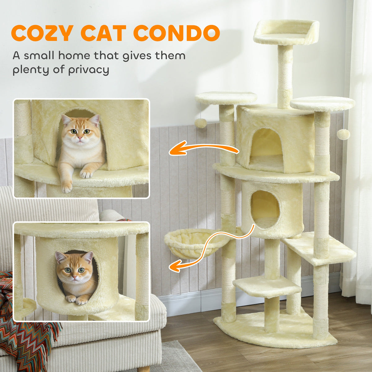 62" Cat Tree with Scratching Post, 2 Condos, Hammock, Perches, Plush, Pompoms, for Indoor Cats, Beige