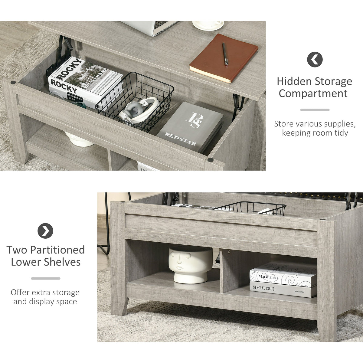 Lift Top Coffee Table with Hidden Storage Compartment and Open Shelves, Lift Tabletop Pop-Up Center Table for Living Room, Dark Walnut