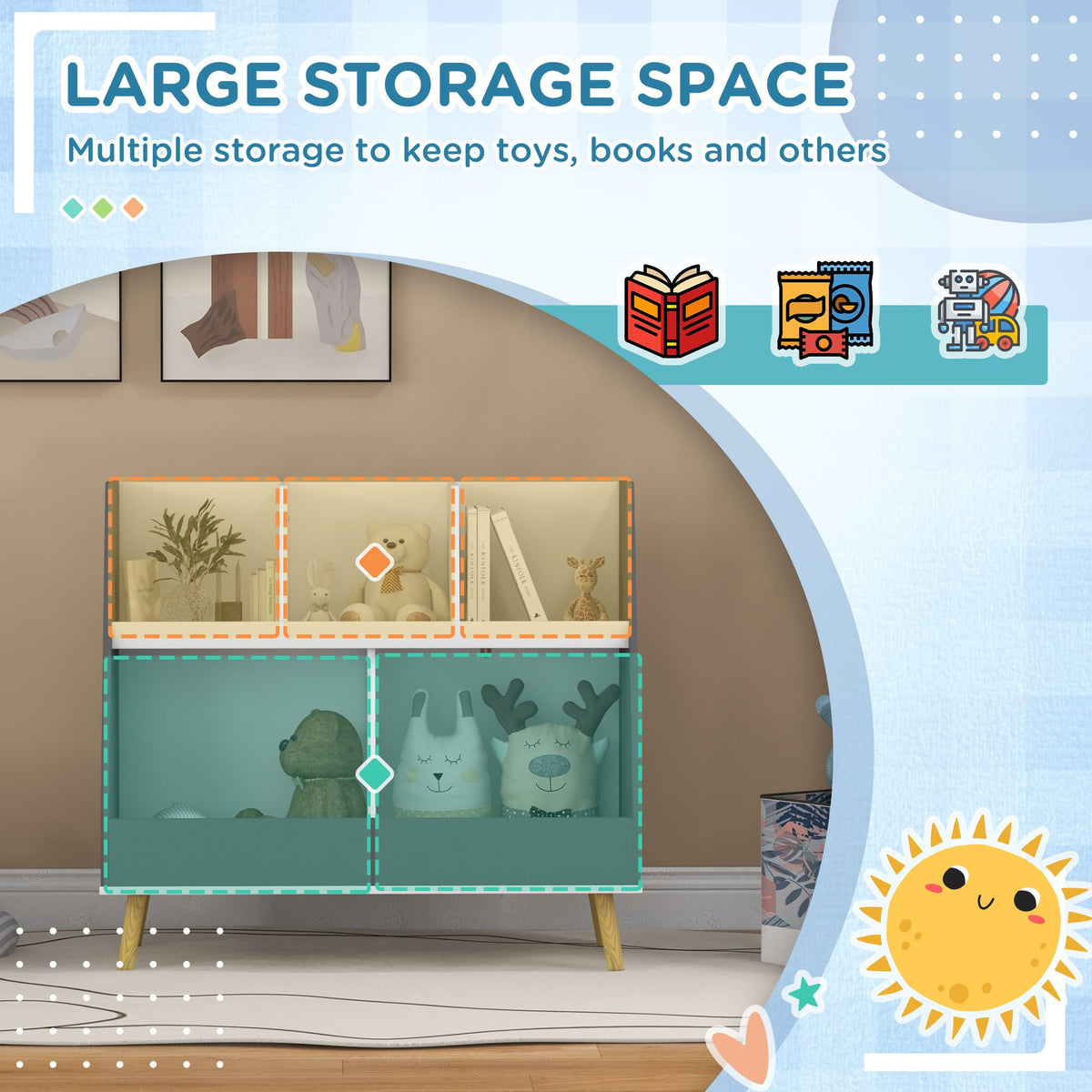 2 Tier Kids Toy Storage Organizer with 5 Compartments, Anti-tip Device, for Nursery, Playroom, Grey