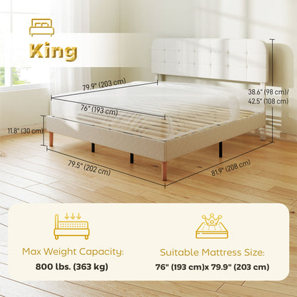 Queen Size Bed Frame with Adjustable Headboard Upholstered Platform Bed Frame with Wood Slat Support Noise Free White