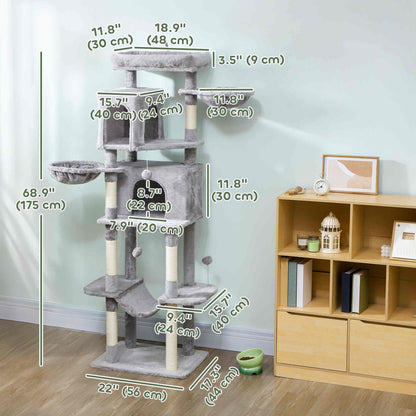 69" Cat Tree, Multi-Level Cat Tower with 2 Condos, Plush Perch and Sisal Scratching Posts, Dark Grey