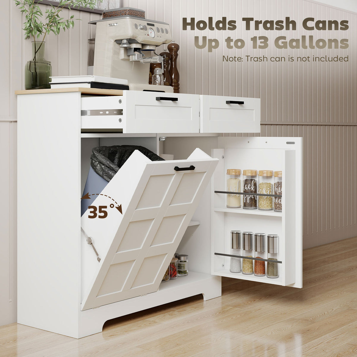13 Gallon Tilt Out Garbage Cabinet, Kitchen Island with Trash Cabinet, 2 Drawers, Door Racks, Adjustable Shelves, Black