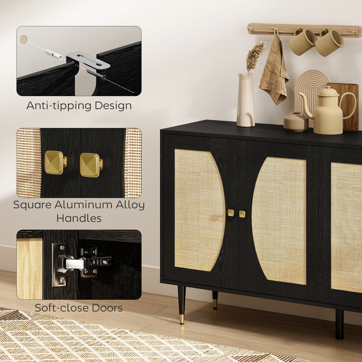 55" Sideboard Buffet Cabinet, Boho Storage Cabinet with Adjustable Shelves, Soft Close Doors and Rattan Front, Black