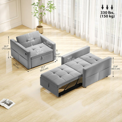 Convertible Chair Bed, Pull Out Sleeper Chair with USB, Adjustable Backrest, Small Velvet Futon Sofa Bed, Cream White