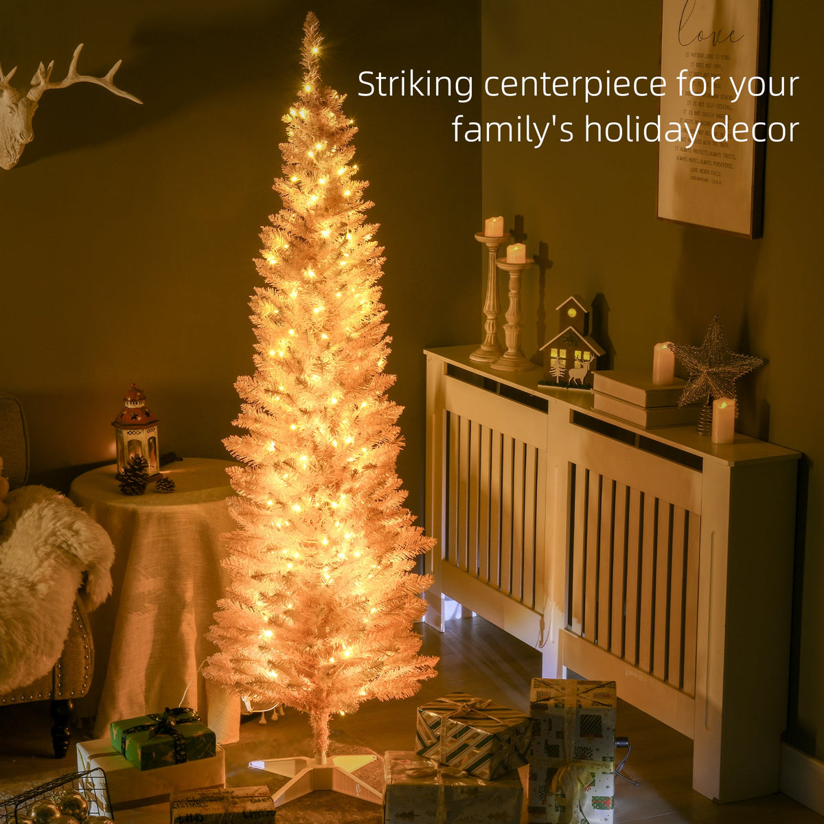 6' Pre Lit Artificial Pencil Christmas Trees, Xmas Tree with Realistic Branches and Warm White LED Lights, Green