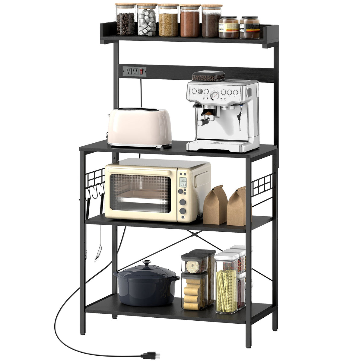 Kitchen Baker's Rack with Power Outlet, Coffee Bar Station with Adjustable Shelves and Hooks, Distressed Grey