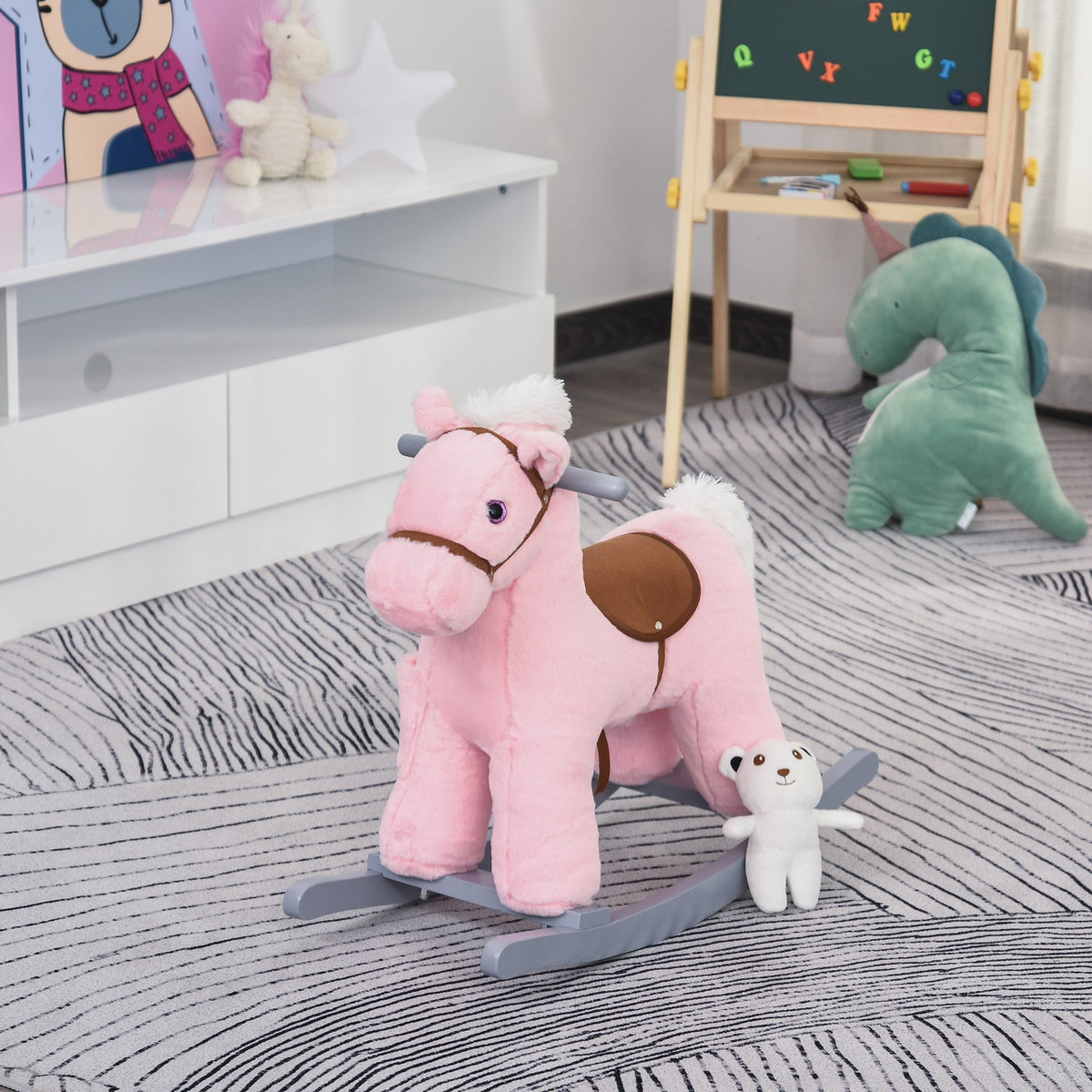 Kids Rocking Horse Plush Animal on Wooden Rockers with Sounds, Wooden Base and Bear Toy, Baby Rocking Chair, Brown