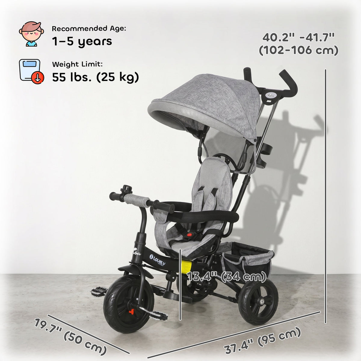 6 in 1 Toddler Tricycle Stroller with Basket, Canopy, 5-point Safety Harness, for 12-60 Months, Grey