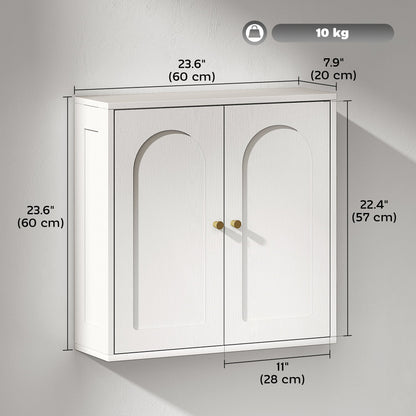 Medicine Cabinet, Modern Bathroom Wall Cabinet with 2 Arched Doors and Gold Handles, White Wood Grain