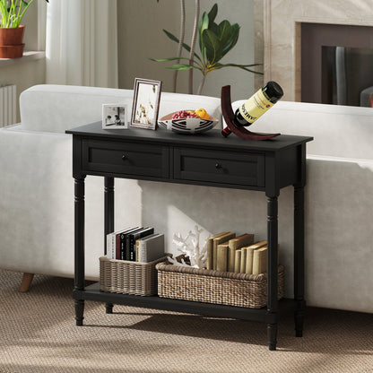 Hallway Console Table, Modern Entryway Table with 2 Drawers, Storage Shelf, Turned Legs for Living Room, Bedroom, Black