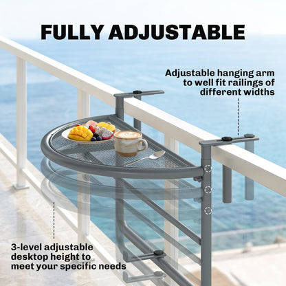 Adjustable Balcony Hanging Railing Table, Metal Mounting Mini Wall Desk Storage Rack, Outdoor Flower Stand Serving Table Half Round, Grey